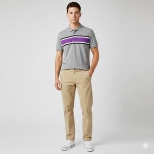 FootJoy FJ Golf Polo Shirt Mens Large Gray Purple White Stripe Active Breathable